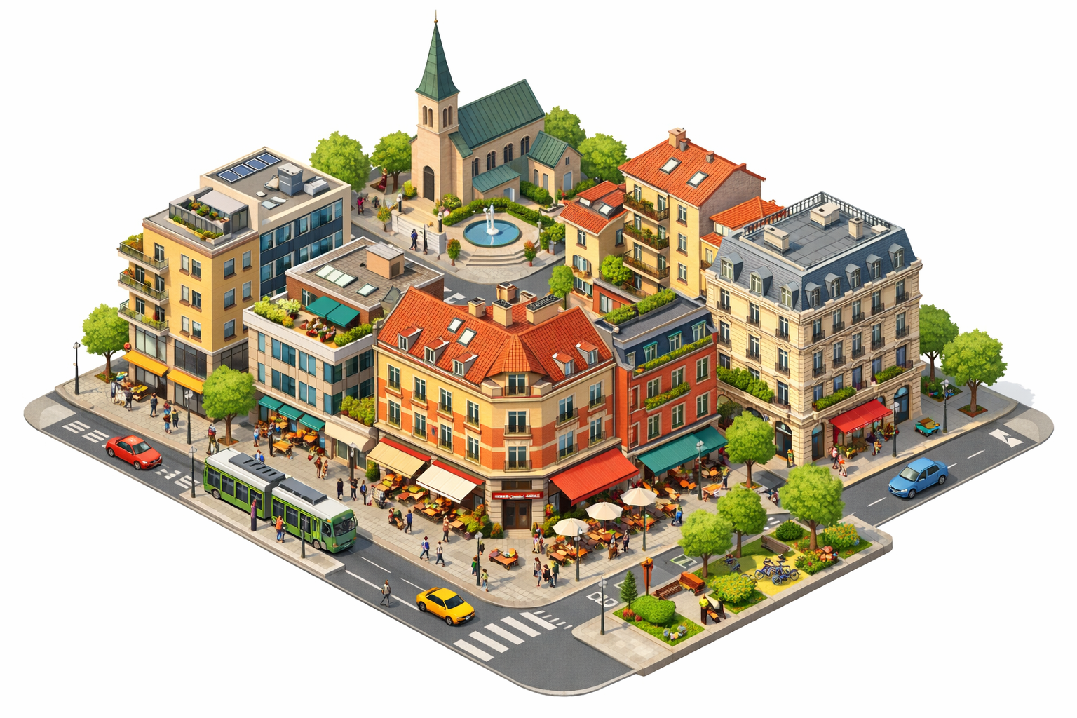 City block with cafes, shops, tram, church, fountain, and people walking