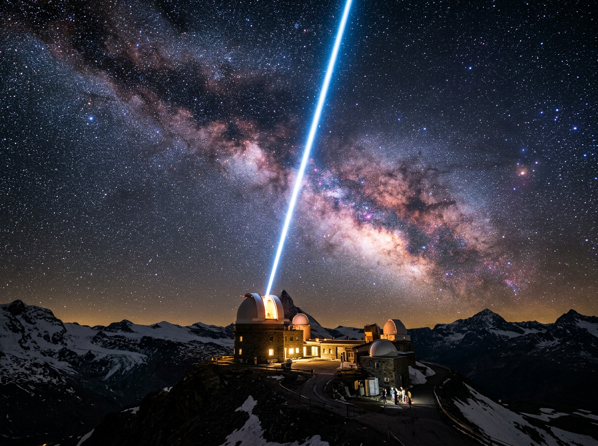 Observatory with laser beam directed at the Milky Way galaxy at night