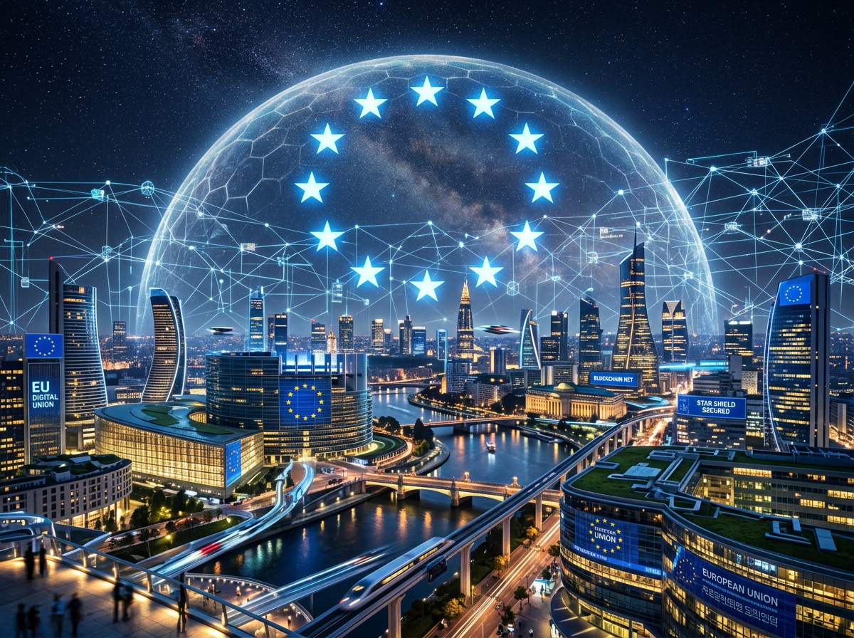 Nighttime cityscape with European Union symbols and digital network connections