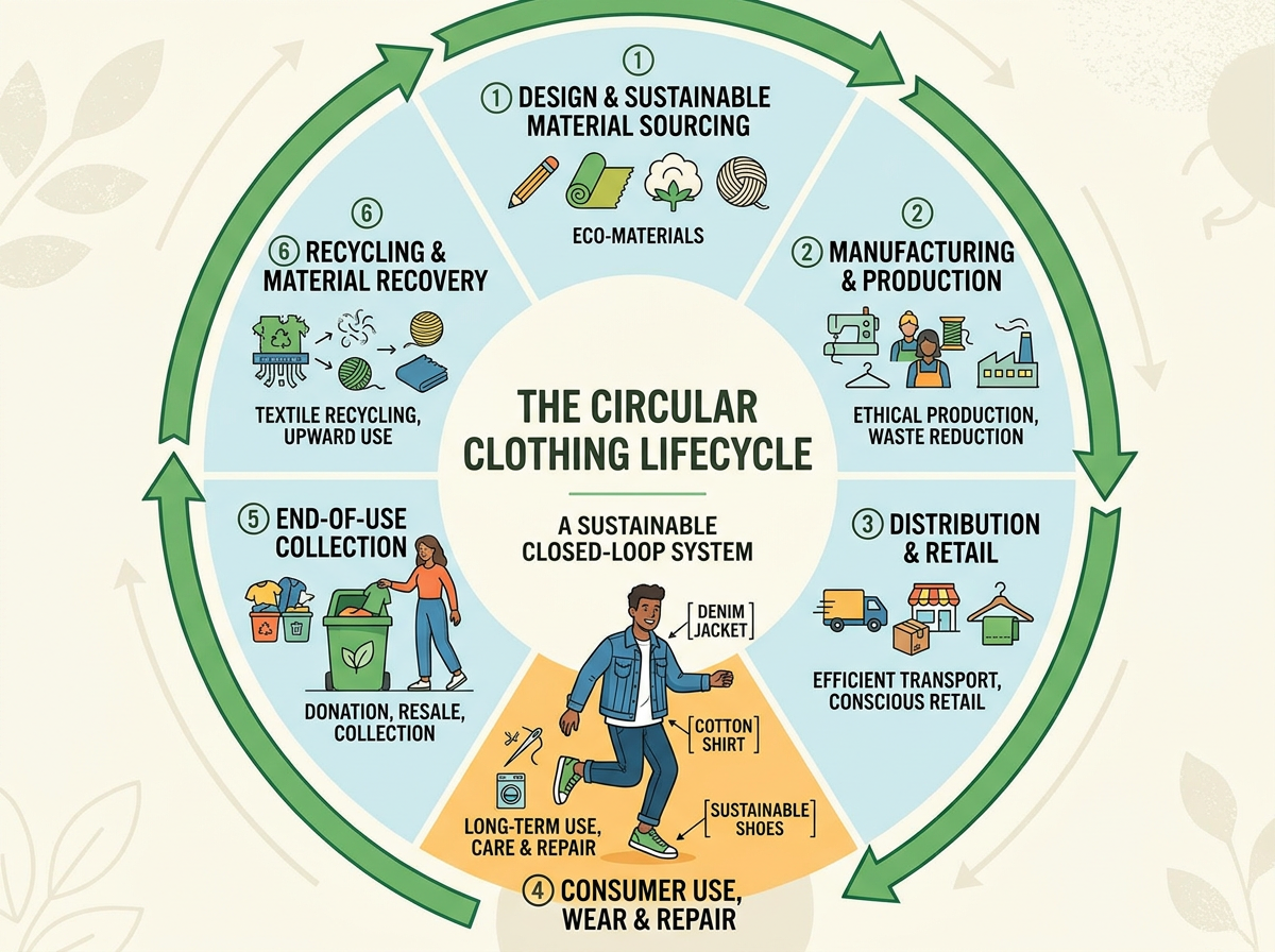 Circular diagram illustrating six stages of sustainable clothing lifecycle from design to recycling