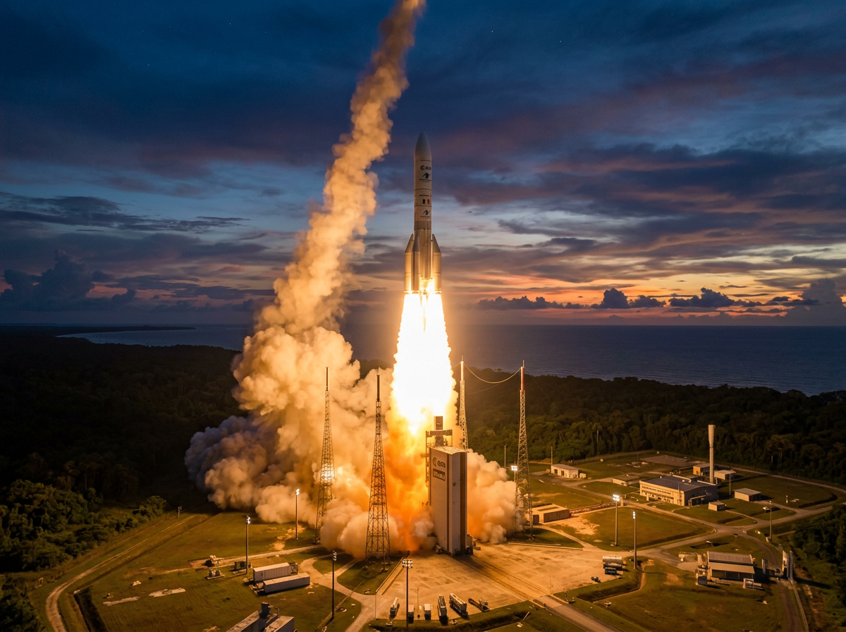 Rocket launching with bright flames and smoke at a coastal spaceport during sunset