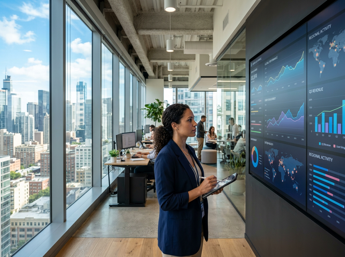 Woman reviewing business charts and graphs on large digital display in office