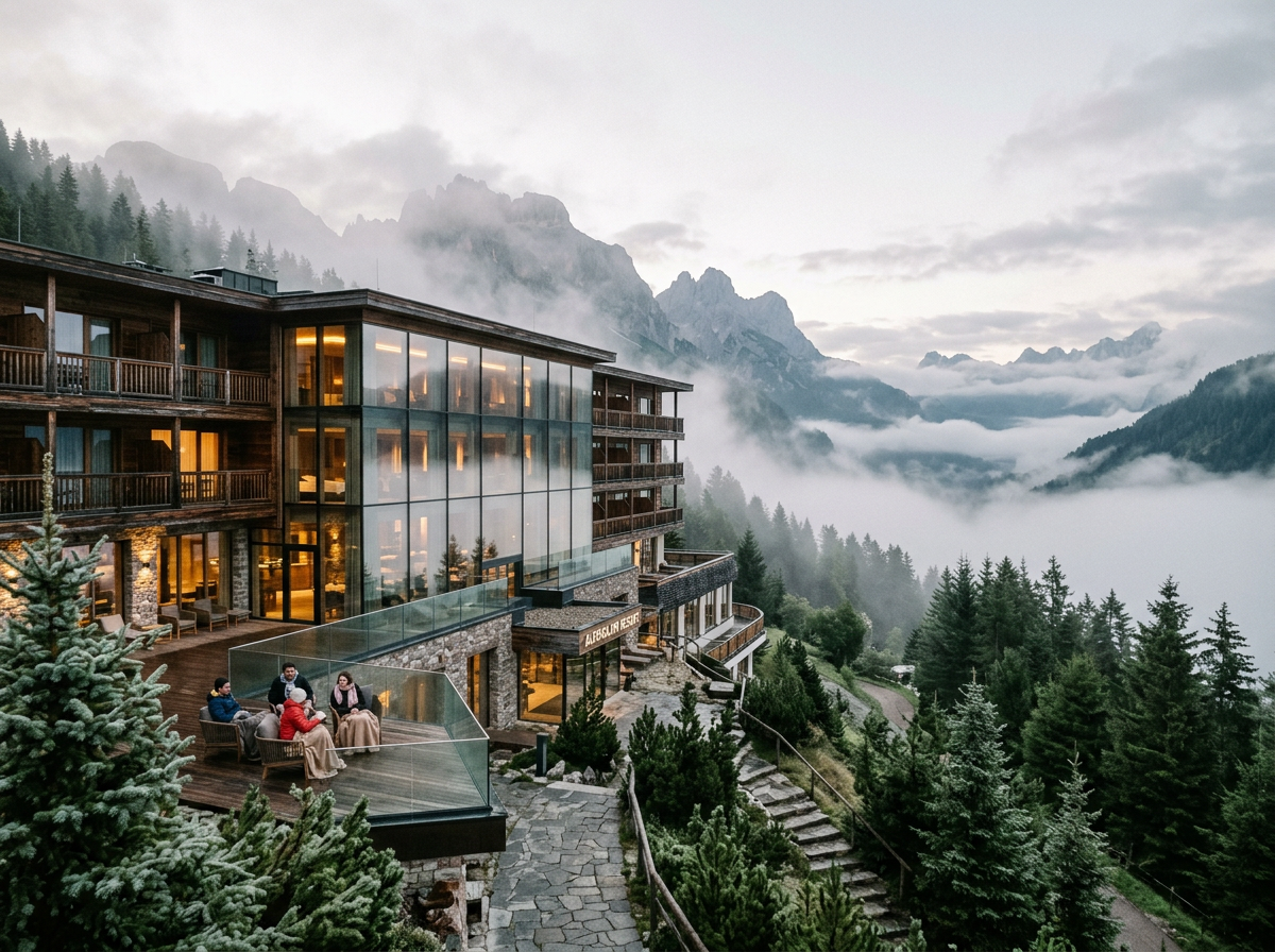 Mountain resort building with glass windows and guests sitting on terrace overlooking foggy forested valley and mountain peaks