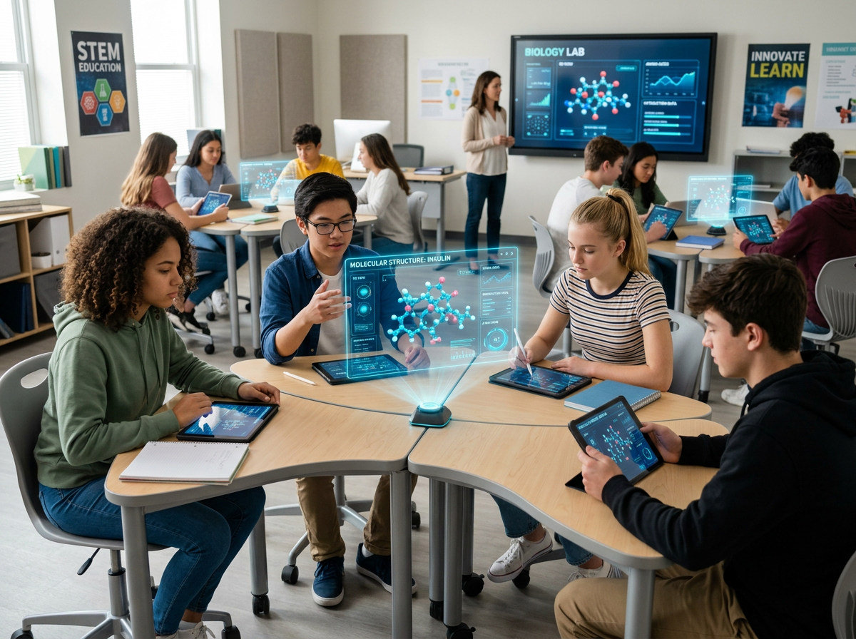 High school students examining molecular structure holograms on tablets in biology lab