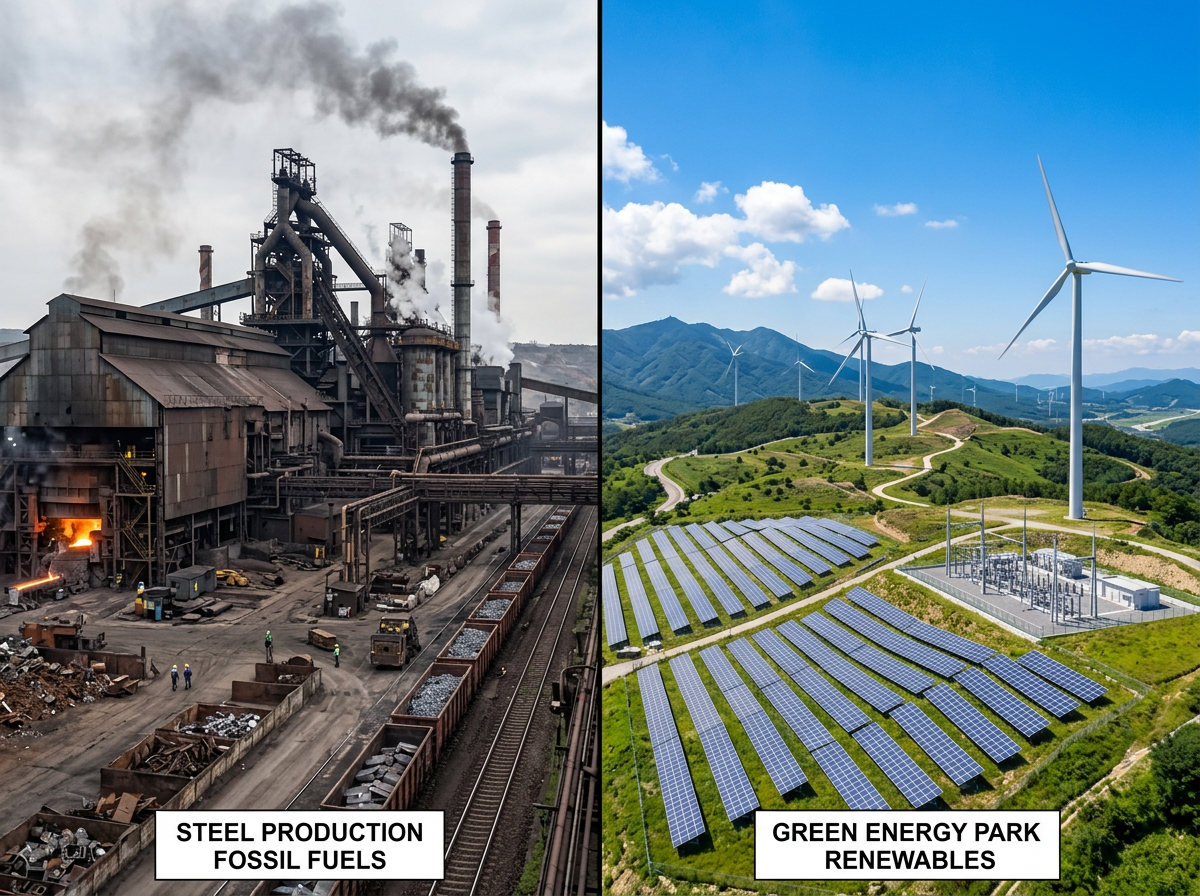 Steel production facility emitting smoke beside renewable energy park with solar panels and wind turbines