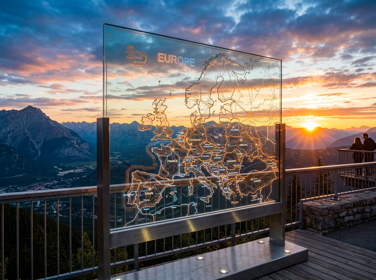 Transparent glass map of Europe with country names and boundaries at mountain lookout during sunset