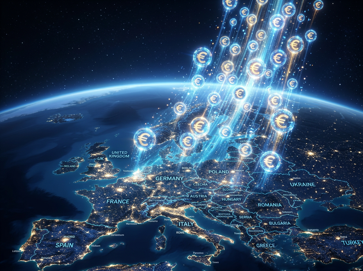 Map of Europe at night with glowing digital euro symbols streaming over countries