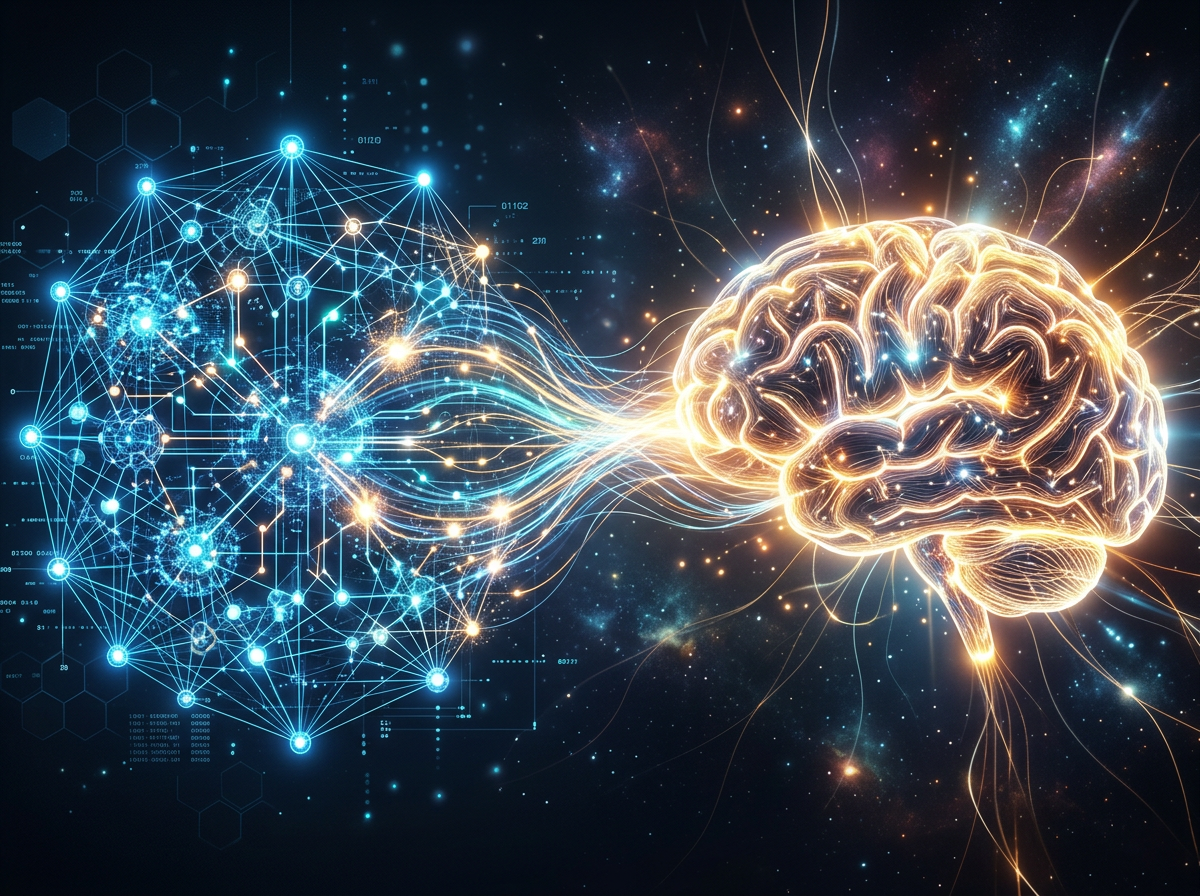 Glowing neural network connected to a digital human brain with light streams