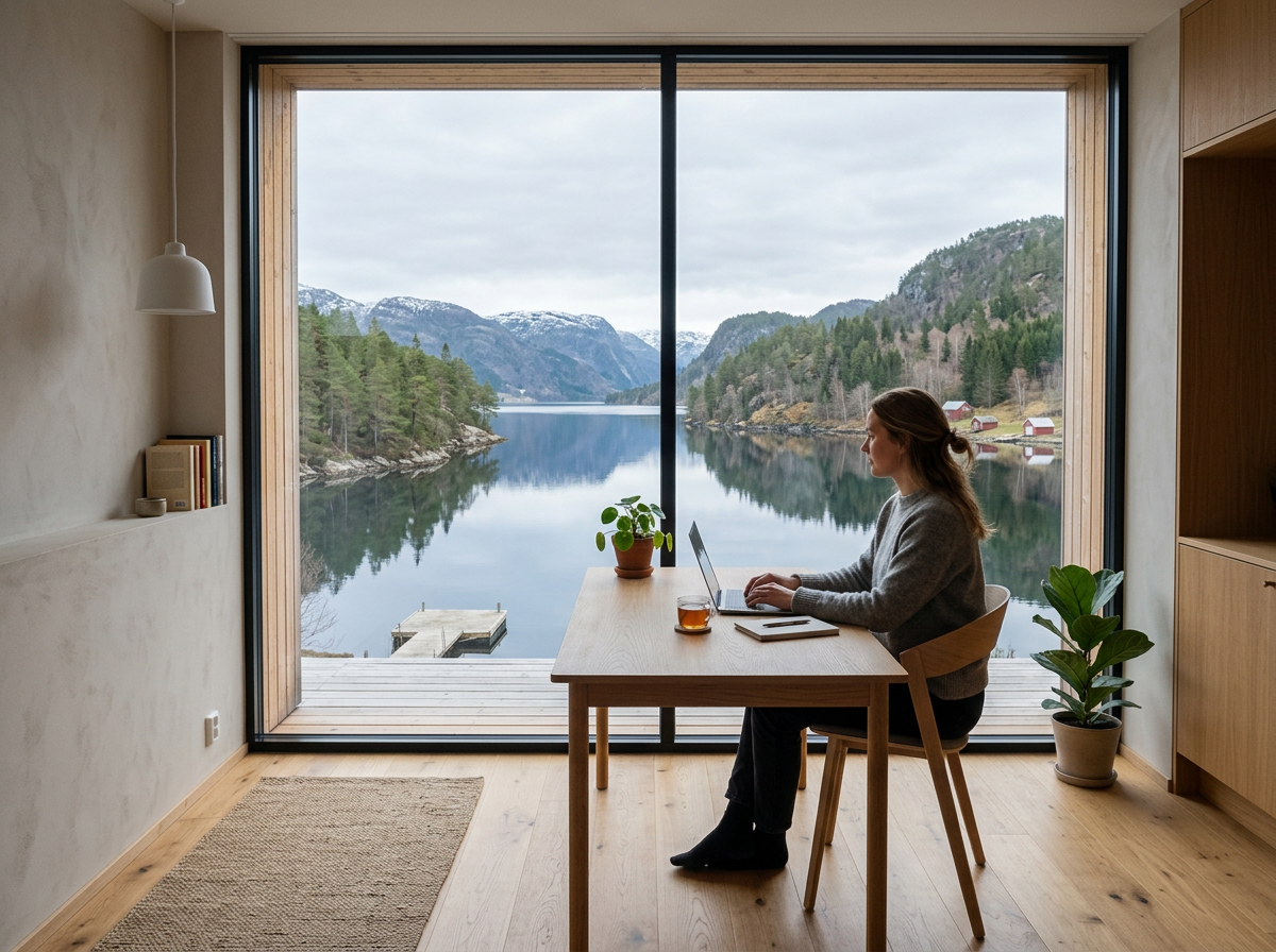 Woman working on laptop at wooden table by large window with fjord and mountains view