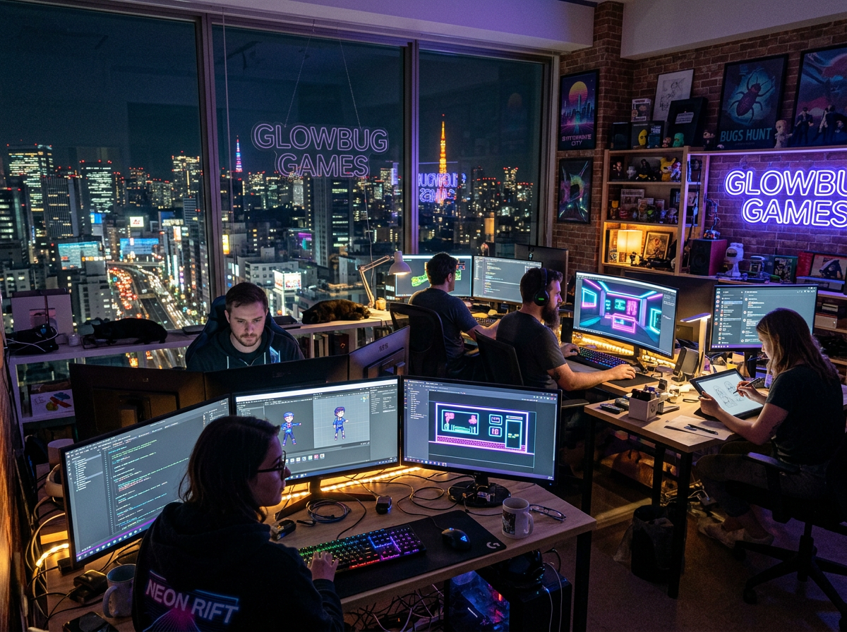 Game development team working late in a studio with city skyline at night