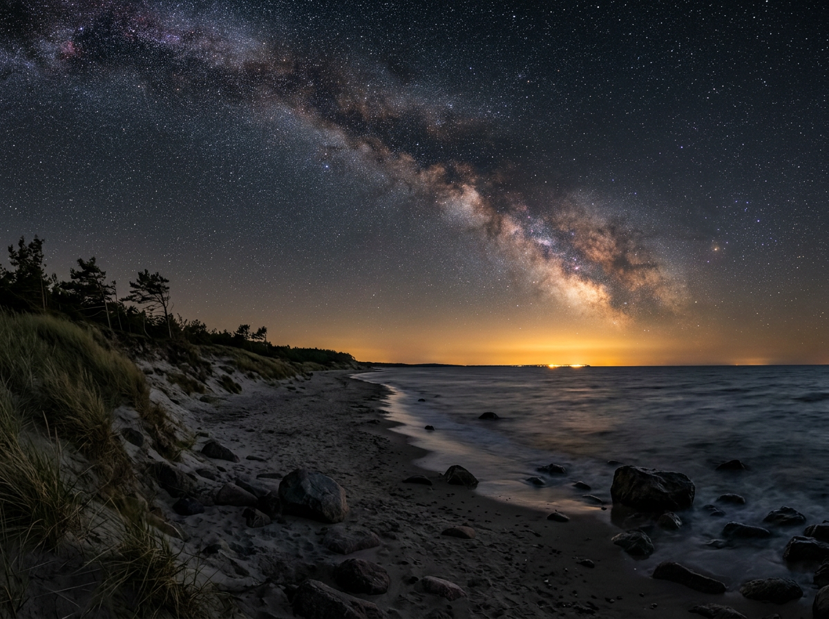 Milky Way stretching across a star-filled night sky over a rocky beach shoreline