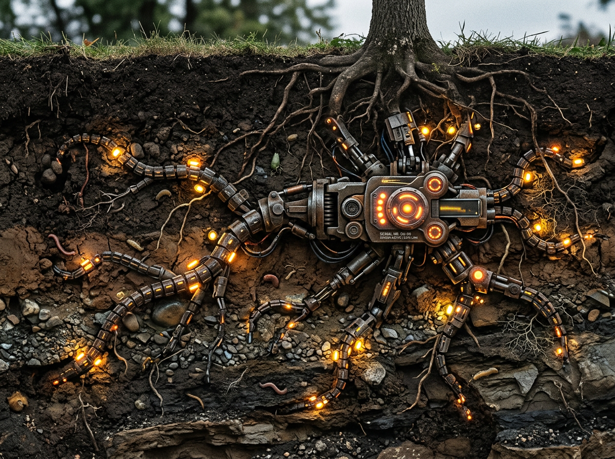 Mechanical spider robot with orange glowing lights under soil and tree roots
