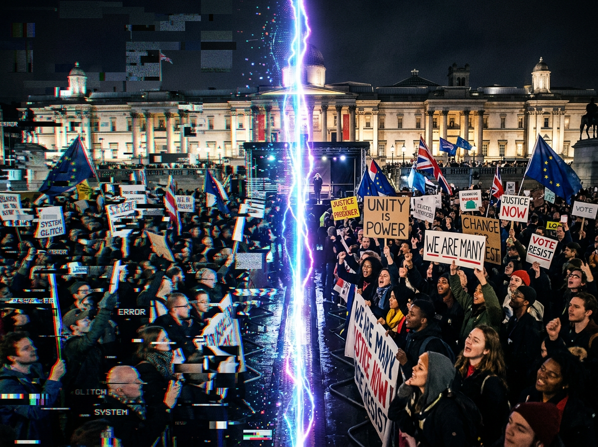 Crowd of protesters holding signs and flags with a digital glitch effect dividing the image