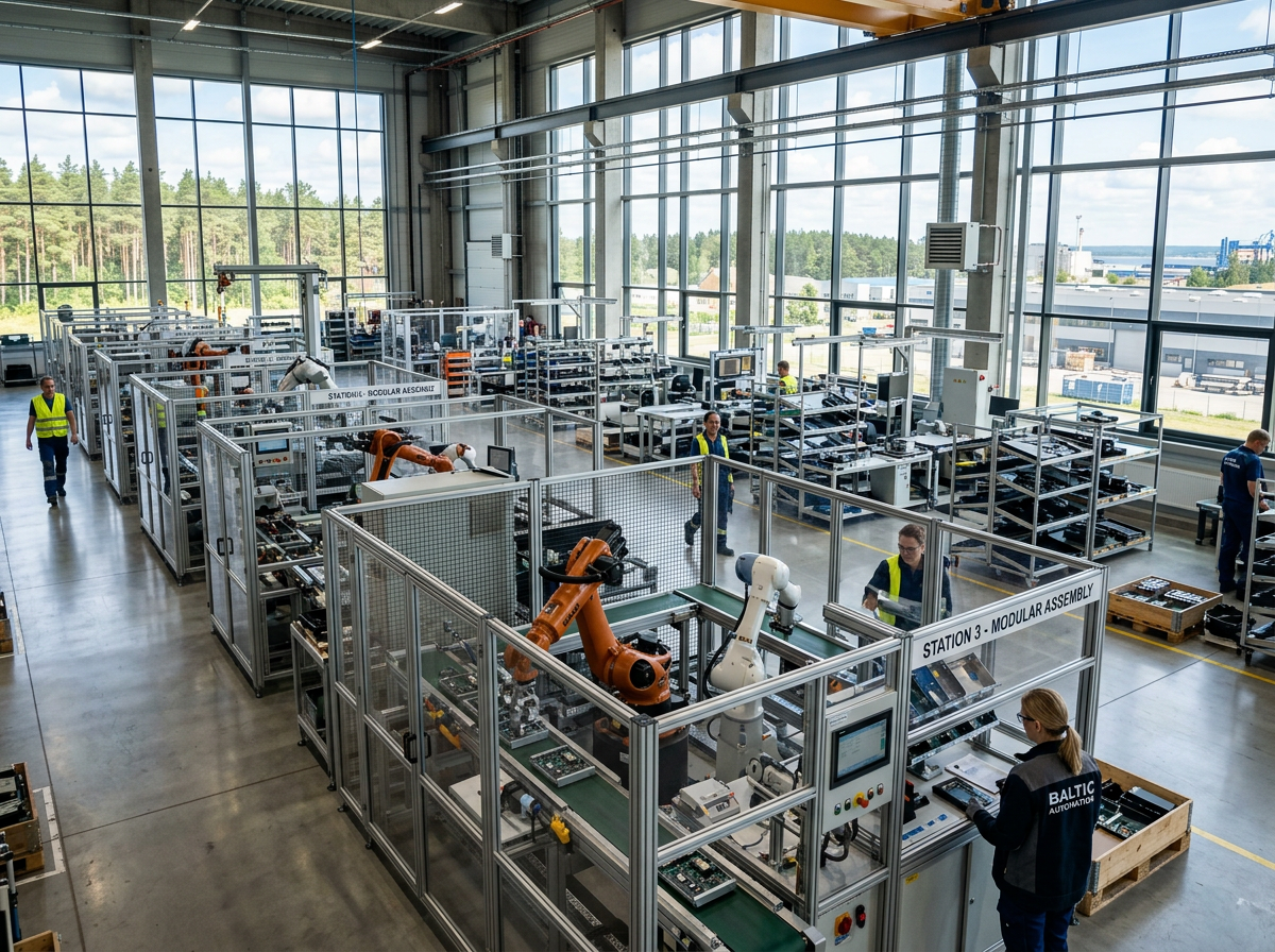 Factory floor with robotic arms assembling electronic components and workers monitoring