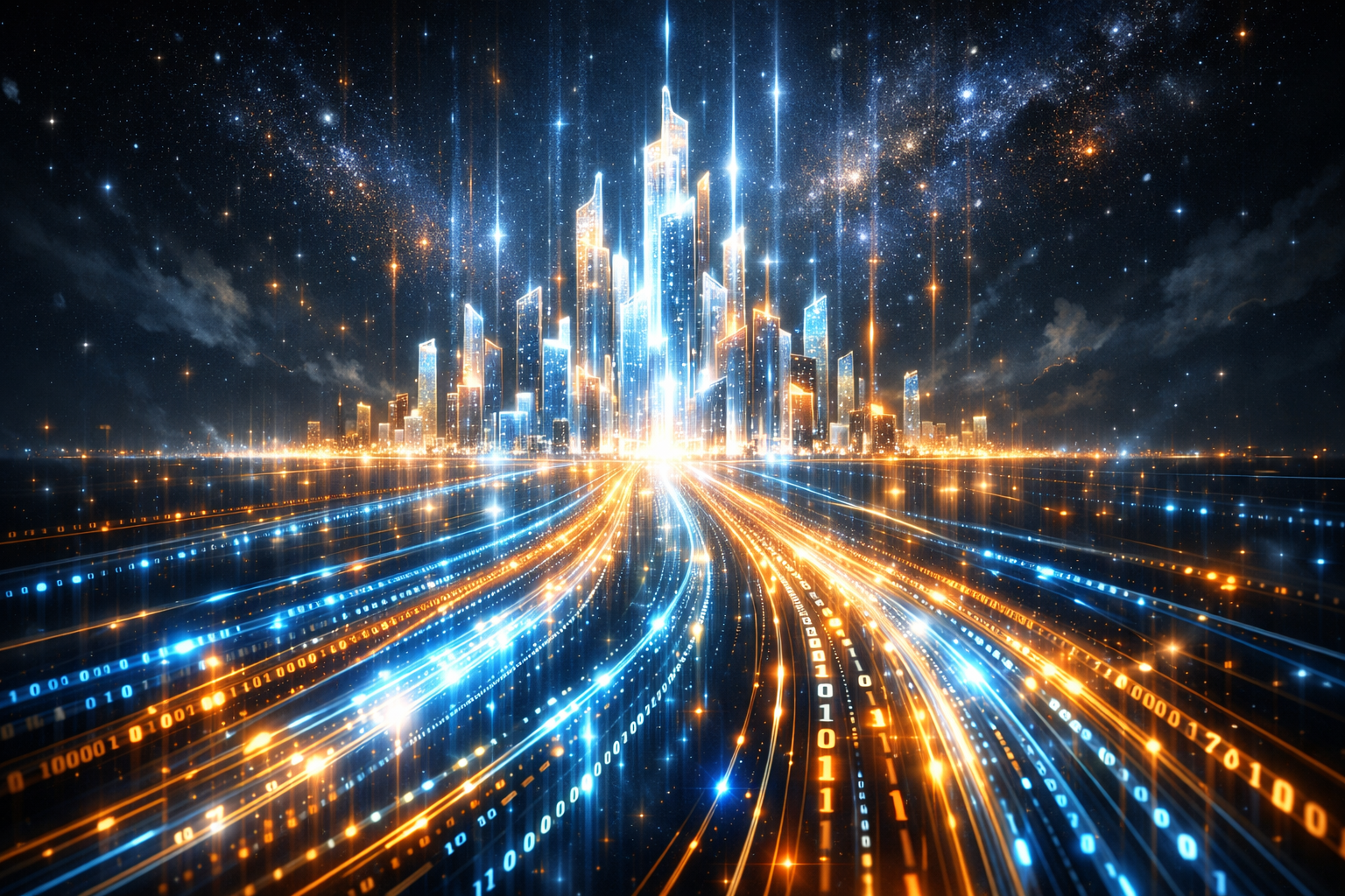 Glowing futuristic city skyline with flowing binary data streams