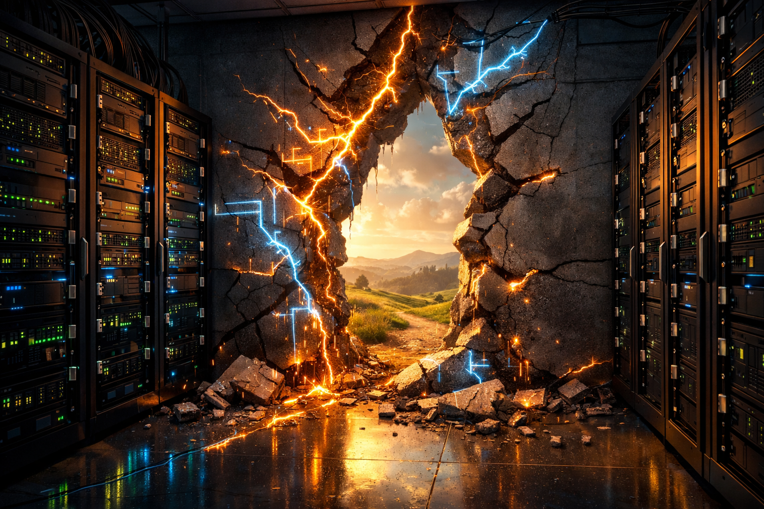 Hole in server room wall with glowing cracks revealing outdoor landscape