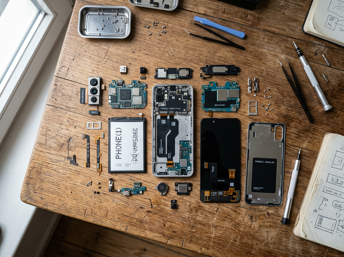 Disassembled modular smartphone showing battery, camera modules, circuit boards, screen, and tools