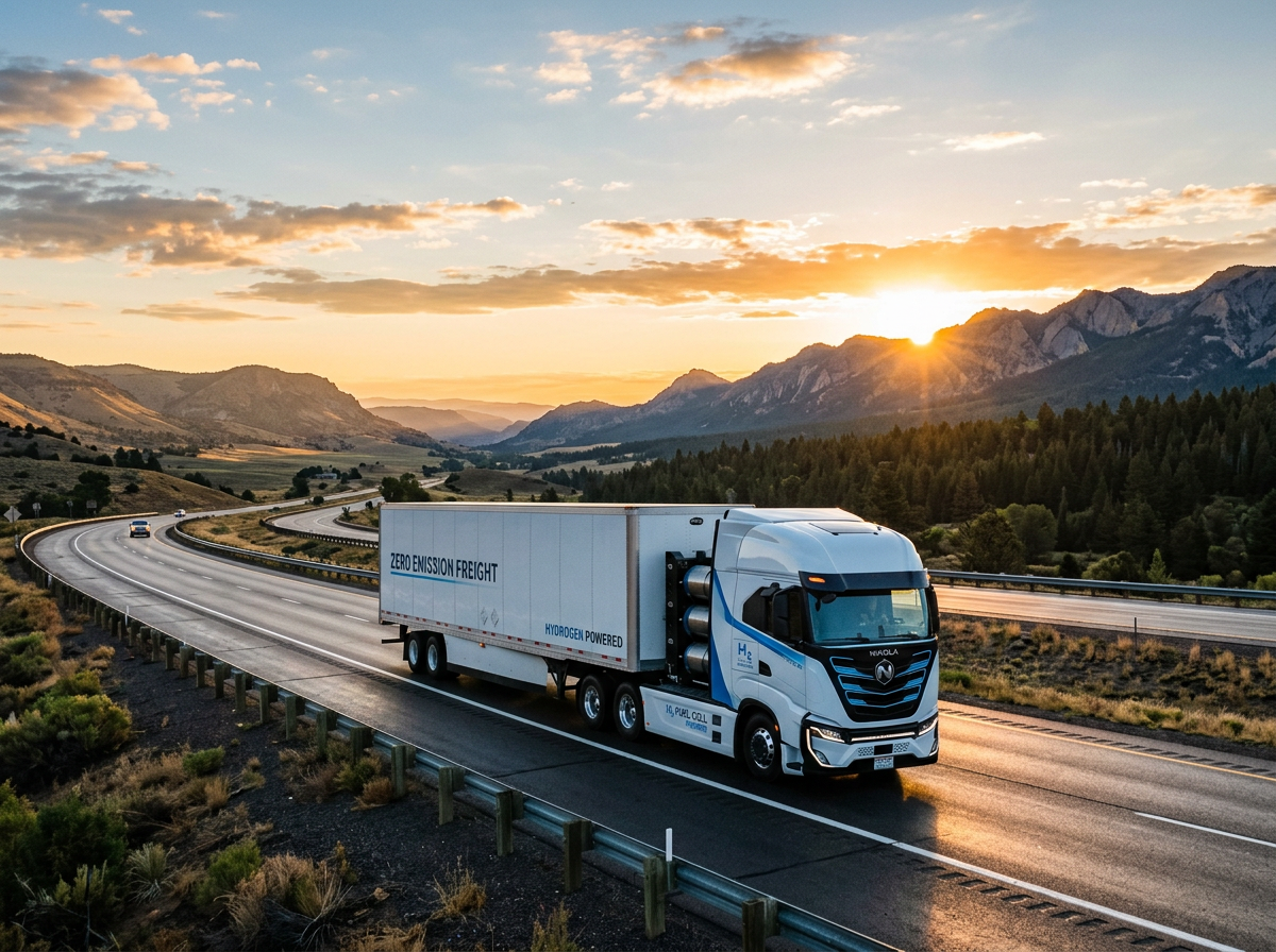 Hydrogen-powered zero emission freight truck on a highway with mountains and sunset