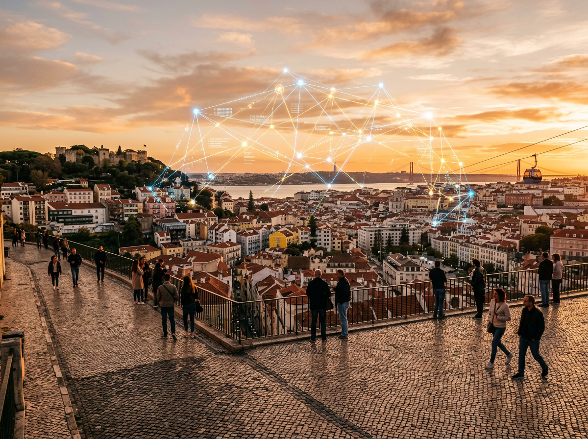Sunset cityscape with people overlooking and digital network connections illustration