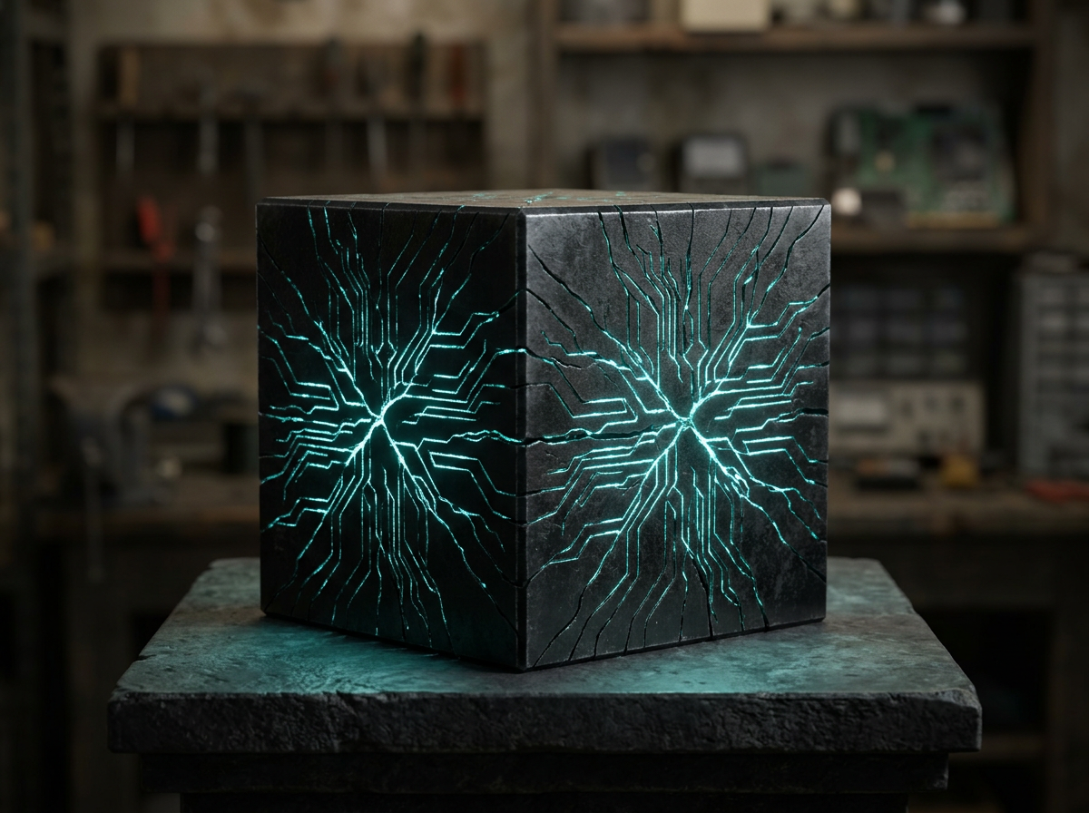 Dark cube with glowing blue circuitry patterns on its sides, placed on a stone pedestal in a workshop.