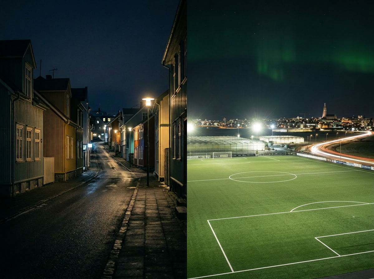 People walking on a dimly lit street beside buildings and a cityscape with northern lights in the sky