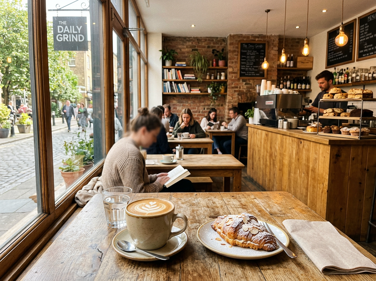 Coffee cup with latte art and almond croissant on wooden table in cafe