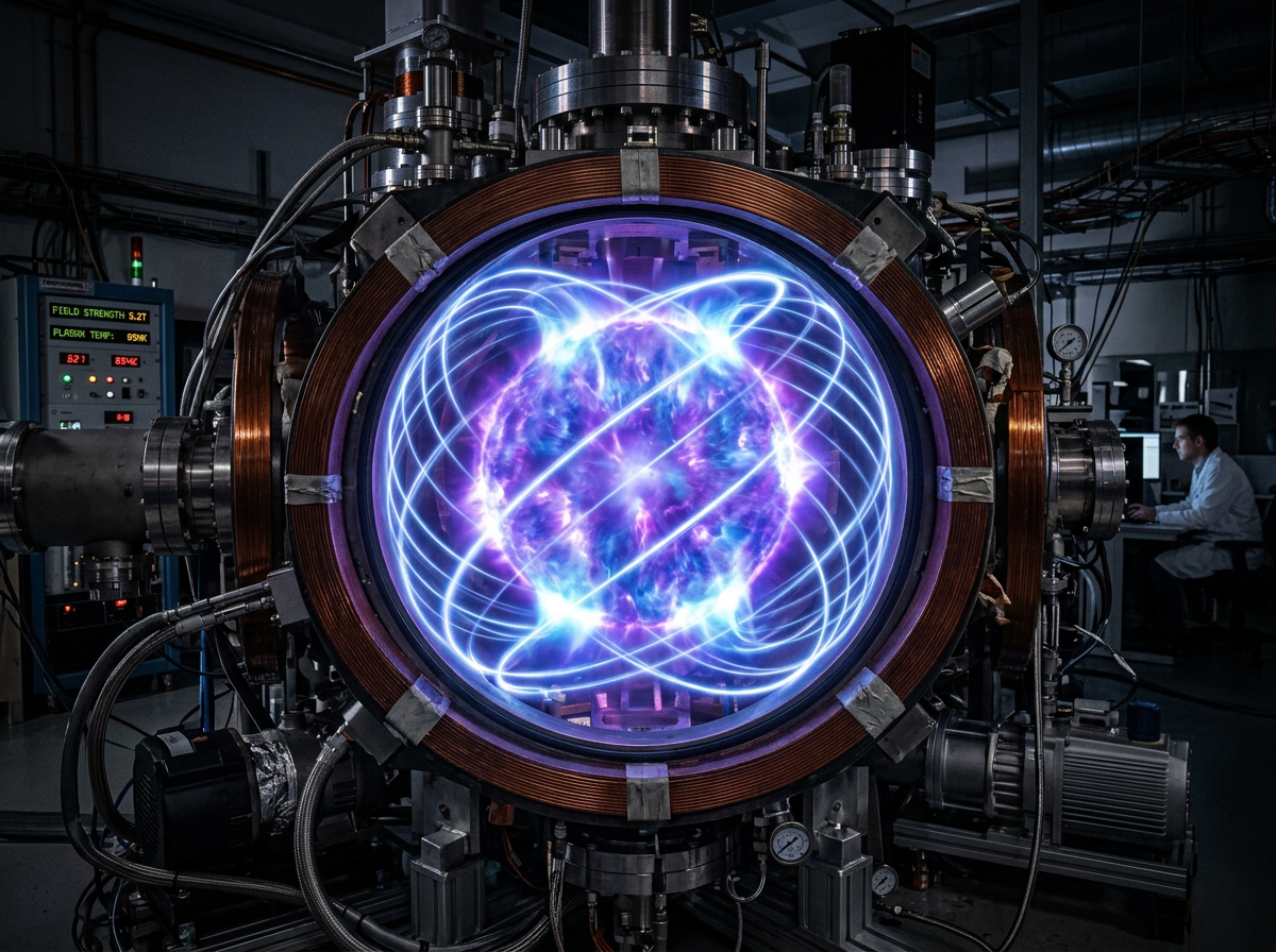 Bright purple and blue plasma contained within a spherical fusion reactor chamber