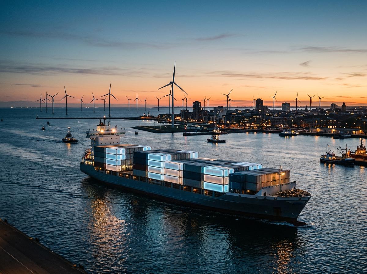 Container ship carrying lit cargo containers sailing past offshore wind turbines near a coastal city at sunset