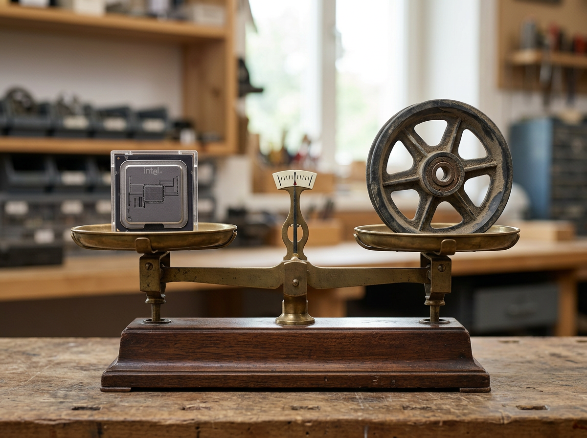 Balance scale comparing an Intel computer chip with a metal wheel