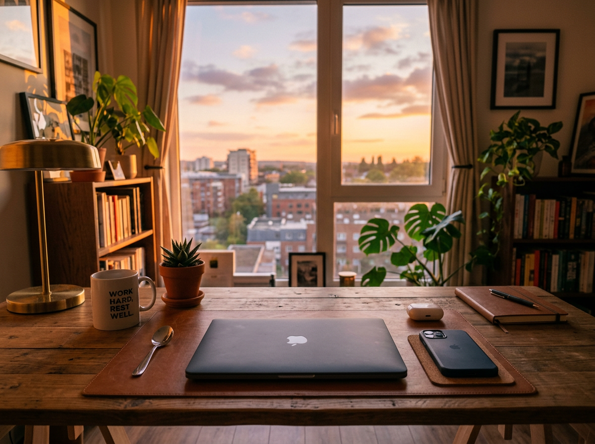 Wooden desk with closed laptop, smartphone, mug saying Work Hard Rest Well, plant, and cityscape through window at sunset
