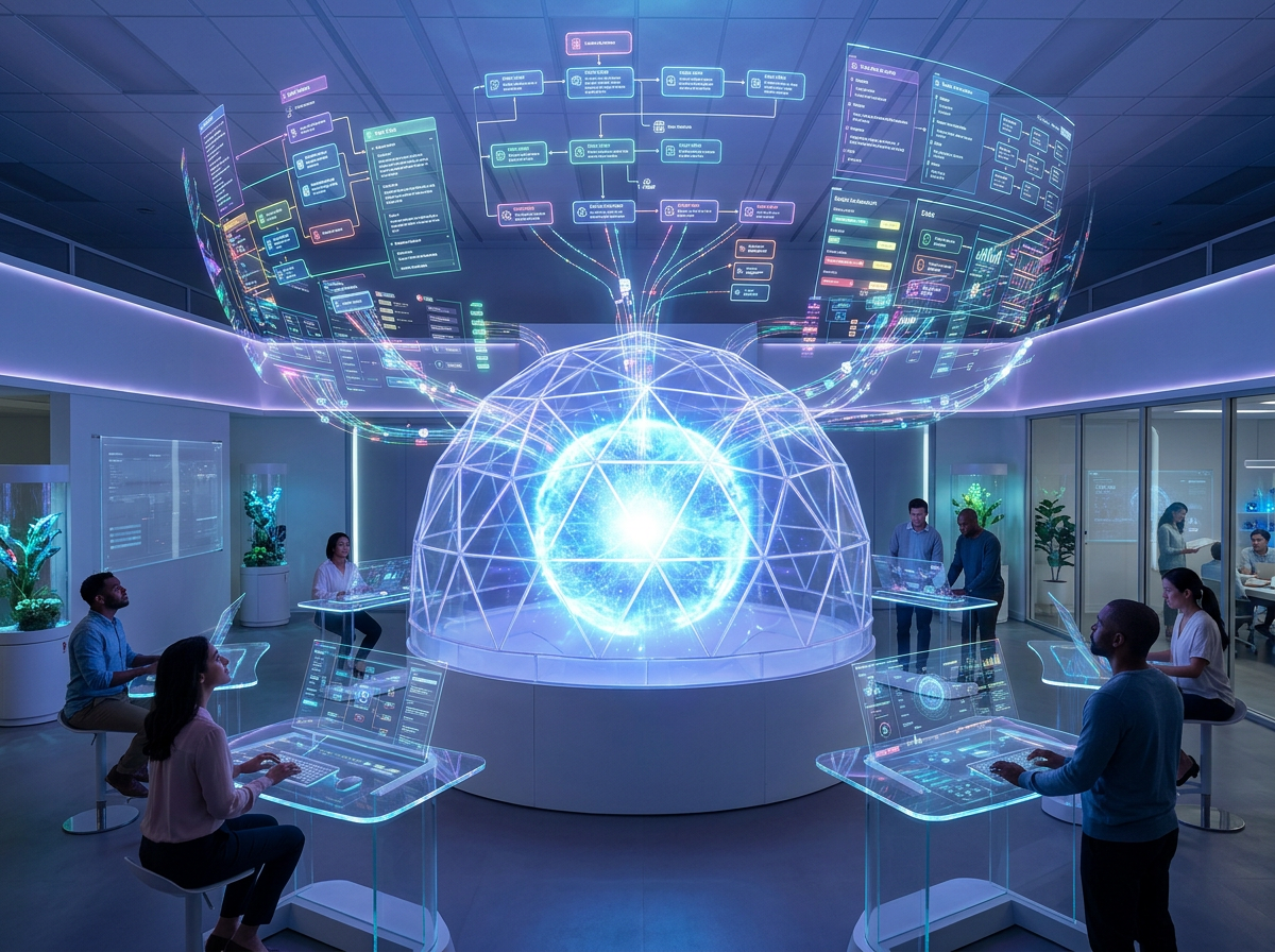 Group of people using transparent holographic computer interfaces around a large glowing geodesic dome with floating data charts above