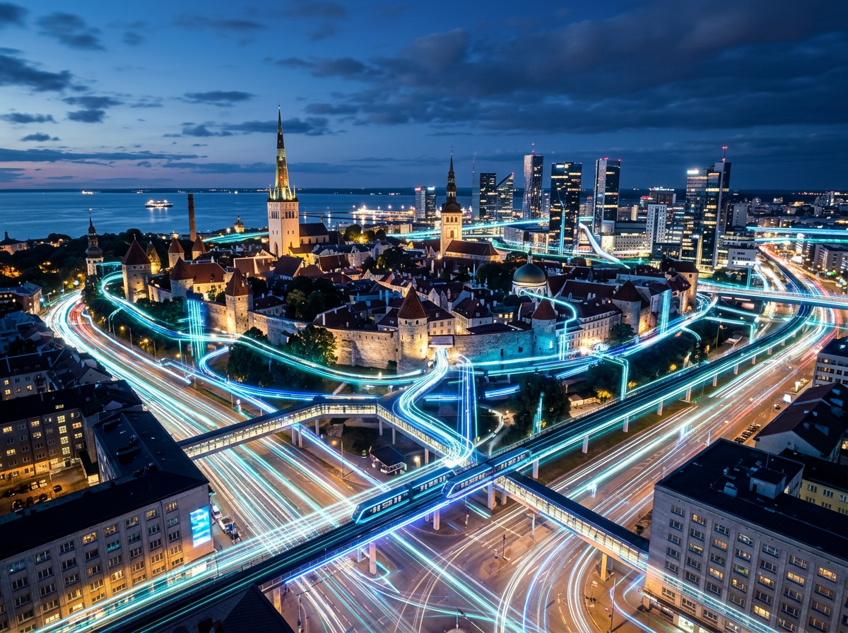 Cityscape showing medieval buildings and modern skyscrapers with blue and white light trails of moving vehicles at twilight